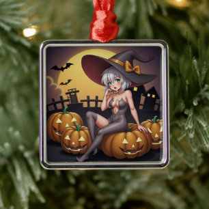 Grüne Halloween-Hexe auf dem Kürbis Ornament Aus Metall