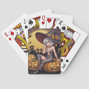 Grüne Halloween-Hexe auf dem Kürbis Spielkarten