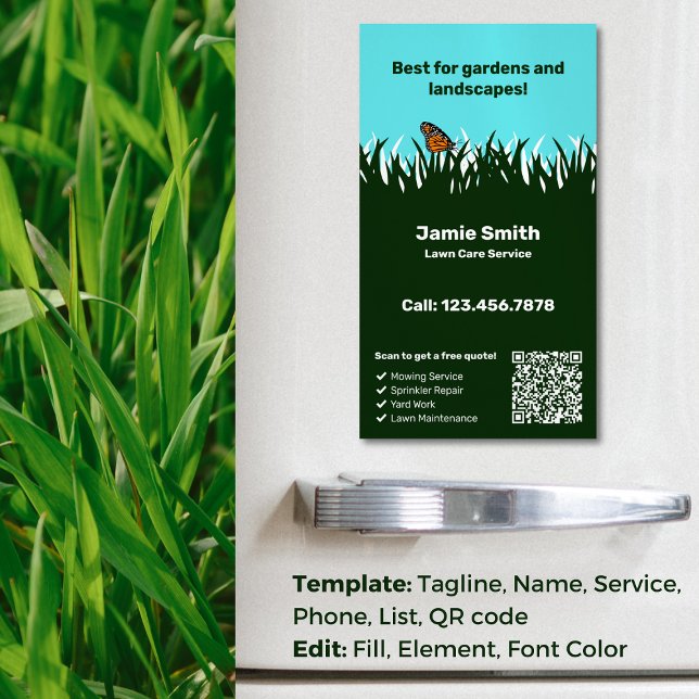 🌿 🦋 grüne Harmonie: Beruflicher Wäscheservice Magnetische Visitenkarte (Green Harmony: Professional Lawn Care Service Business Card Magnet)