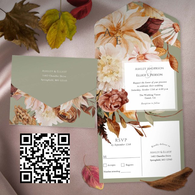 Grüne Herbstdekoration, Hochzeit im Herbst All In One Einladung (Sage Green Fall Wedding Invitations, All-in-one Autumn wedding invite with postcard RSVP)