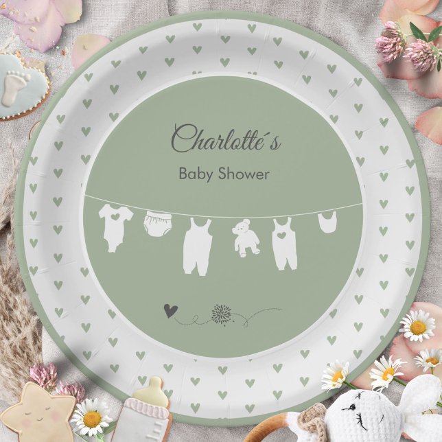 Grüne Herzchen Boho Geschlechtsneutrale Babydusche Pappteller (Sage Green Hearts Boho Gender Neutral Baby Shower Paper Plates ©Susanne Sachers - Sunny Mind 🌞)