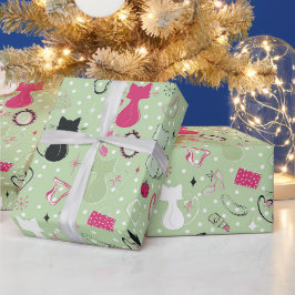 Grüne Herzkatzen aus der Mitte des Jahrhunderts Geschenkpapier