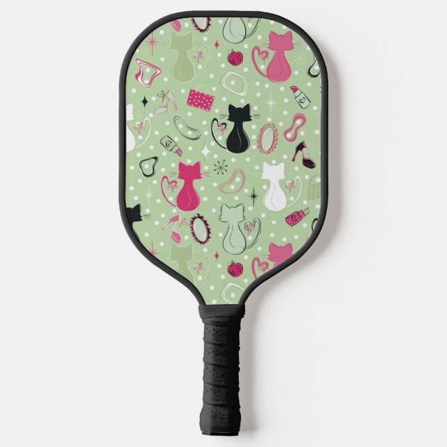 Grüne Herzkatzen aus der Mitte des Jahrhunderts Pickleball Schläger (Rückseite)