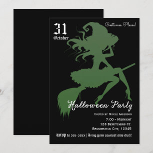 Grüne Hexe Fliegender Besenstiel Halloween-Party Einladung