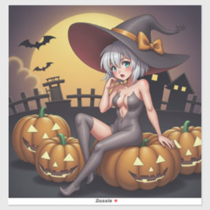 Grüne Hexe Halloween Hexe auf Kürbislaterne Aufkleber