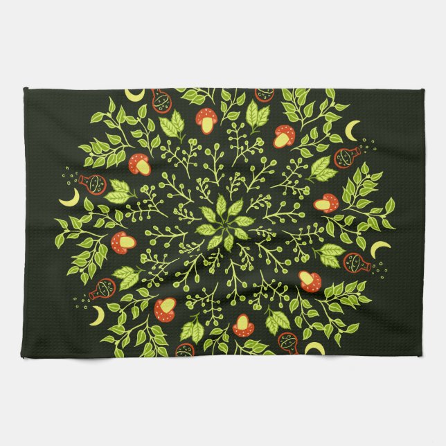 Grüne Hexe Mandala - Tränke und Pilze Geschirrtuch (Horizontal)