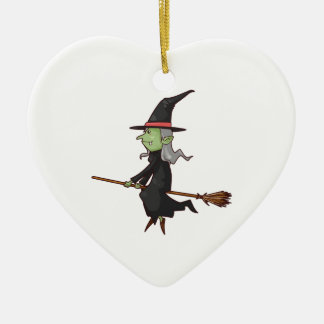 Grüne Hexe mit grauem Haar-Fliegen auf Broomstick Keramikornament