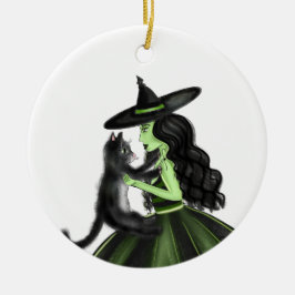 Grüne Hexe mit Schwarz-Hairy-Katze Keramik Ornament