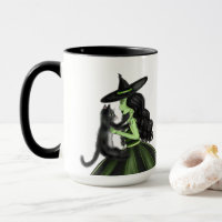 Grüne Hexe mit Schwarzer Katze-Illustration Tasse