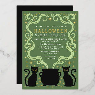 Grüne Hexen-Schwarze-Katze-Kessel-Halloween-Party Folieneinladung