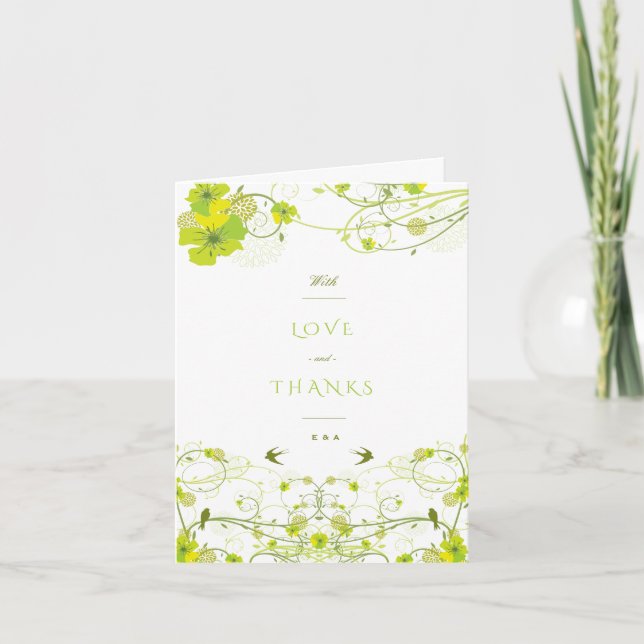 Grüne Hibisken Wirbel & Schwedische Blumenhochzeit Dankeskarte (Vorderseite)
