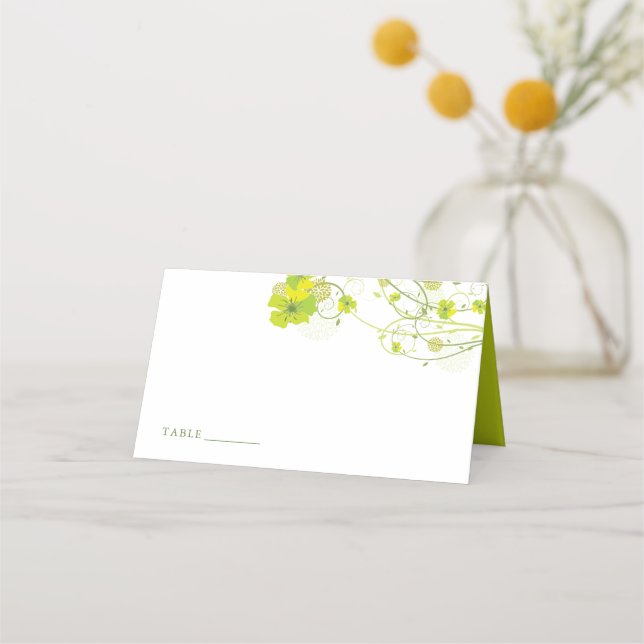 Grüne Hibisken Wirbel & Schwedische Blumenhochzeit Platzkarte (Vorderseite)