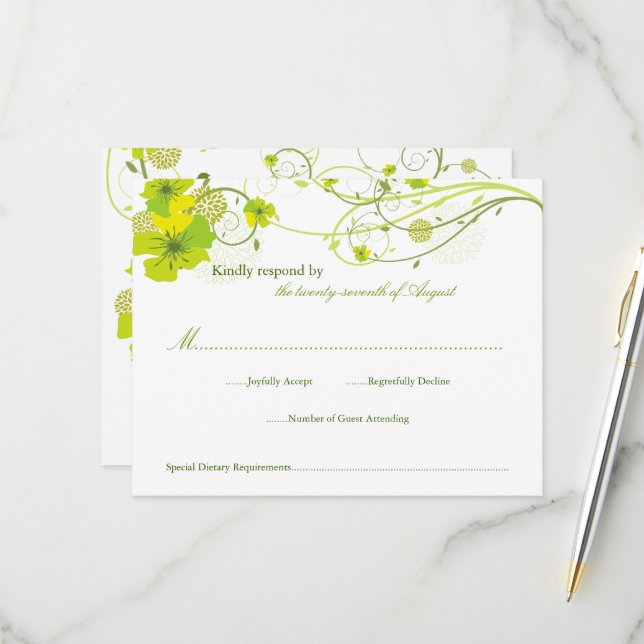 Grüne Hibisken Wirbel & Schwedische Blumenhochzeit RSVP Karte (Vorderseite/Rückseite Beispiel)