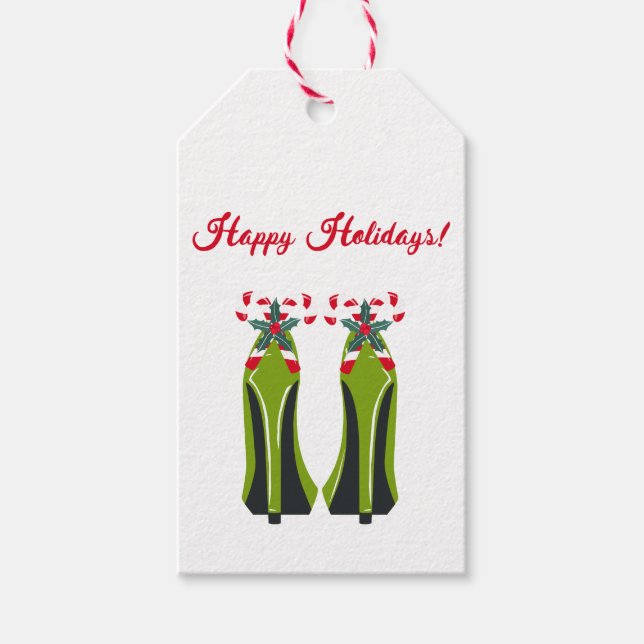 Grüne High Heels mit Candy Canes Geschenkanhänger (Vorderseite)