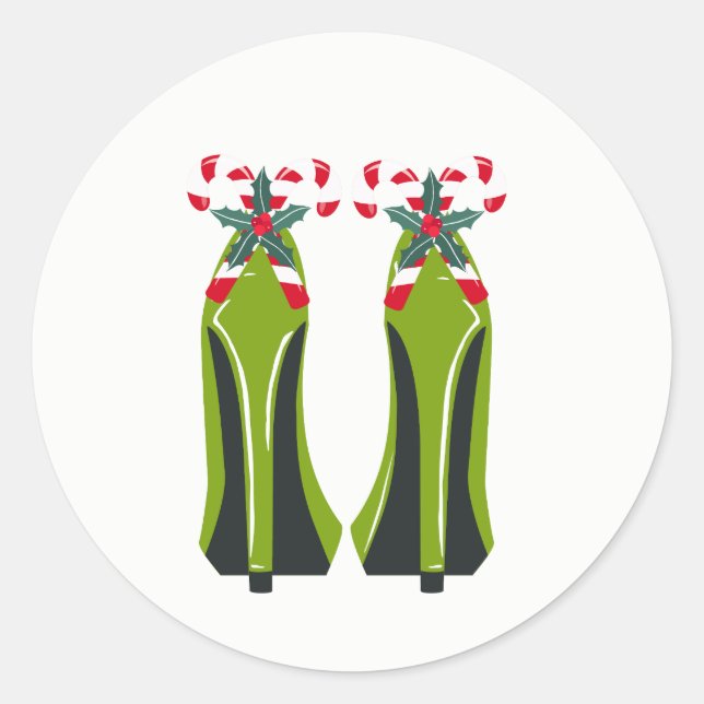 Grüne High Heels mit Candy Canes Runder Aufkleber (Vorderseite)