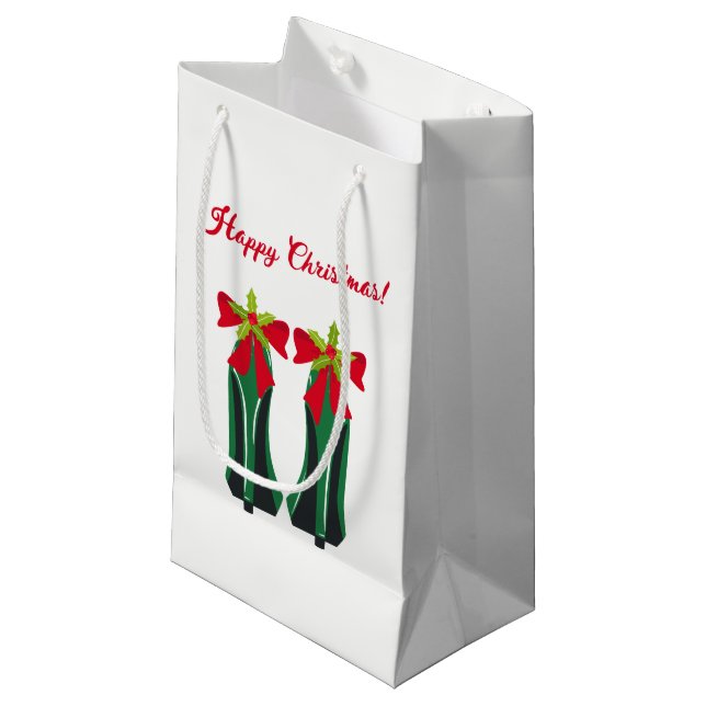 Grüne High Heels mit Weihnachtsbäumen Kleine Geschenktüte (Vorderseite Schrägansicht)