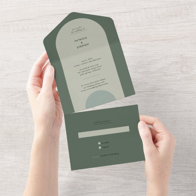Grüne Hochzeit der modernen Boho Geometric Arch Sa All In One Einladung (Abreißen)