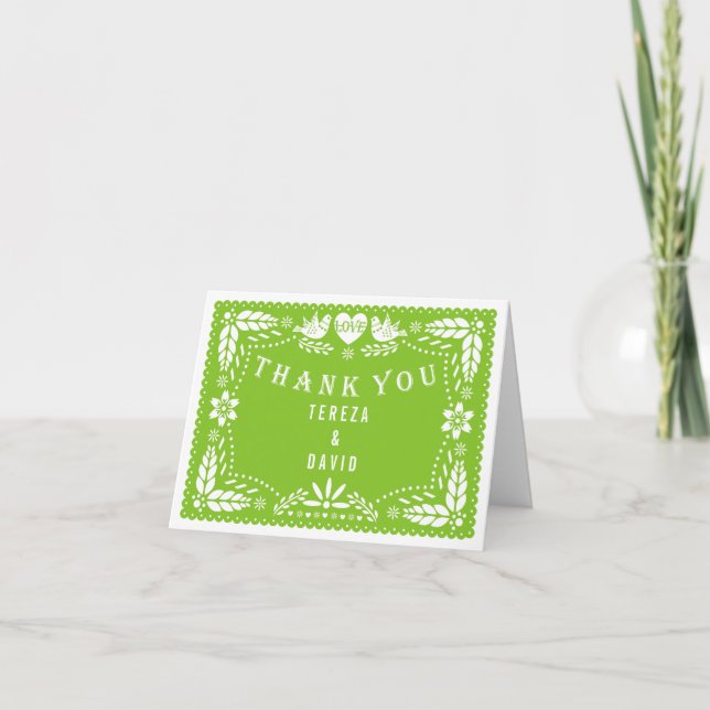 Grüne Hochzeit der Papel picado Liebe-Vögel danken Dankeskarte (Vorderseite)