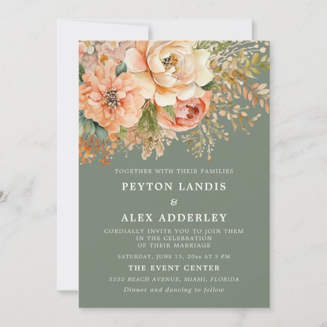 Grüne Hochzeit der Peach Wassercolor Floral Sage Einladung (Vorderseite)