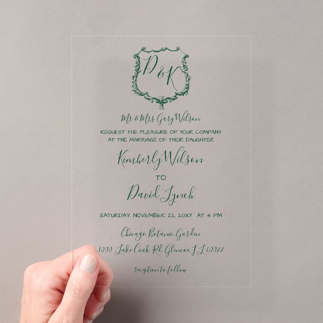Grüne Hochzeit des mit Monogramm Wappen Acryleinladungen (Insitu (Handheld))