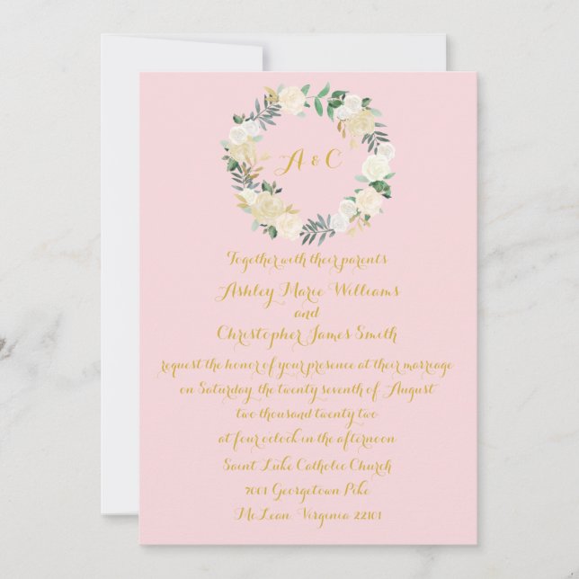 Grüne Hochzeit Einladung Rosa & Gold Blume (Vorderseite)