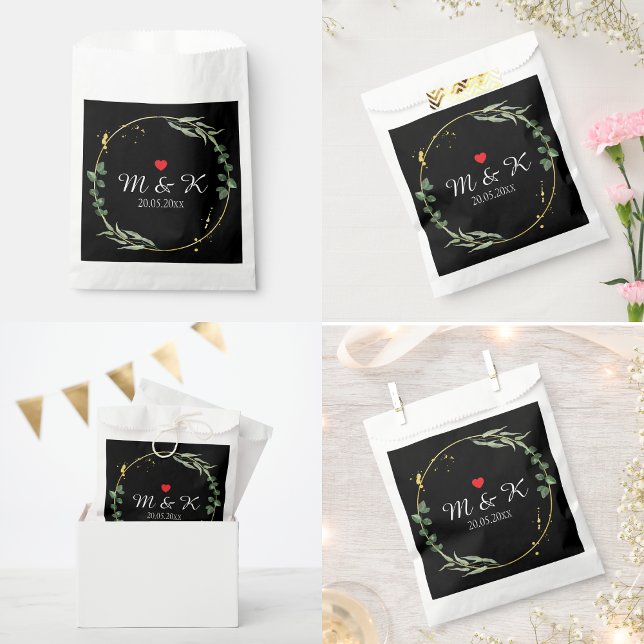 Grüne Hochzeit Geschenktütchen (Watercolor Greenery Wedding Favor Bag in black)