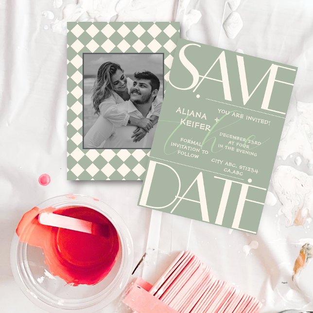 Grüne Hochzeit im Retro-Minimal-Prüfmuster Save The Date (Von Creator hochgeladen)