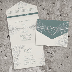 Grüne Hochzeit in Vintager Sage - alles in einer E All In One Einladung