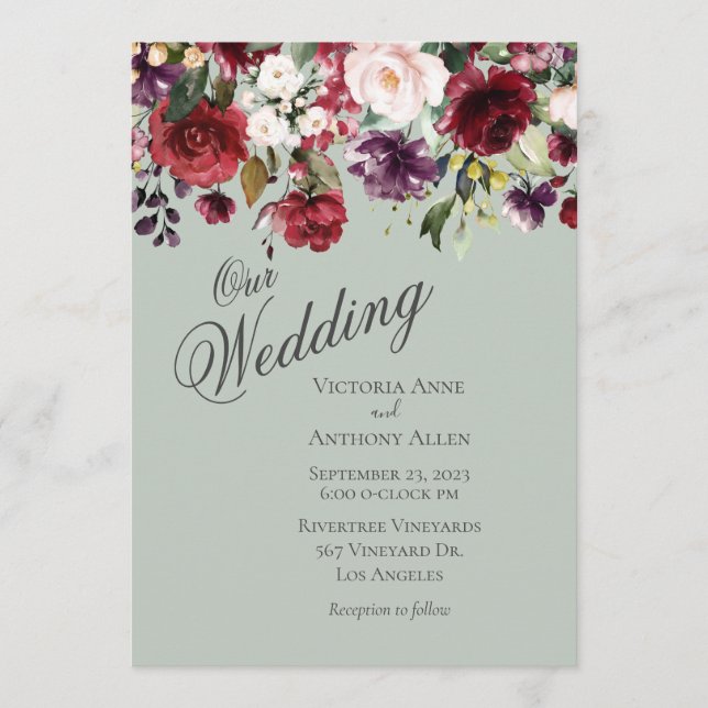 Grüne Hochzeit mit Burgund Blush Floral Einladung (Vorderseite)