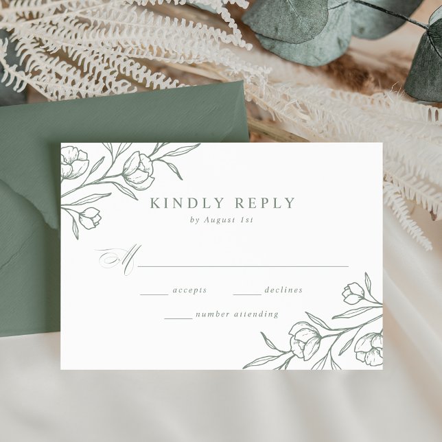 Grüne Hochzeit mit gezeichneter Blütenpracht RSVP Karte (Von Creator hochgeladen)