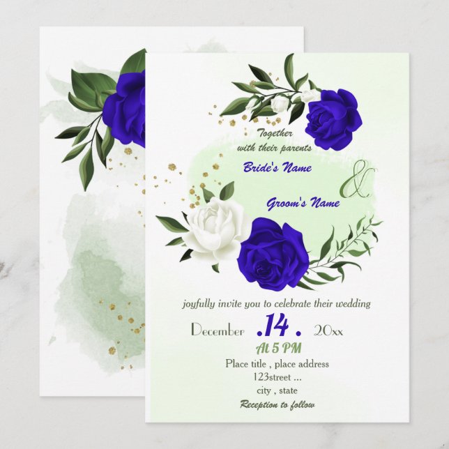 Grüne Hochzeit mit königsblauen Blume Einladung (Vorne/Hinten)