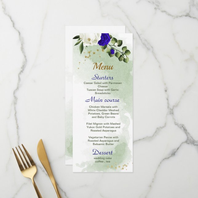 Grüne Hochzeit mit königsblauen Blume Menükarte (Vorderseite/Rückseite Beispiel)