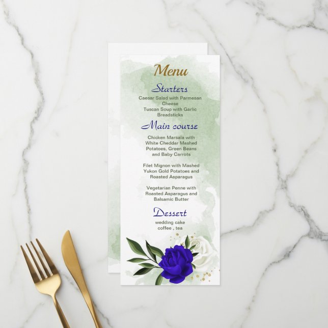 Grüne Hochzeit mit königsblauen Blume Menükarte (Vorderseite/Rückseite Beispiel)