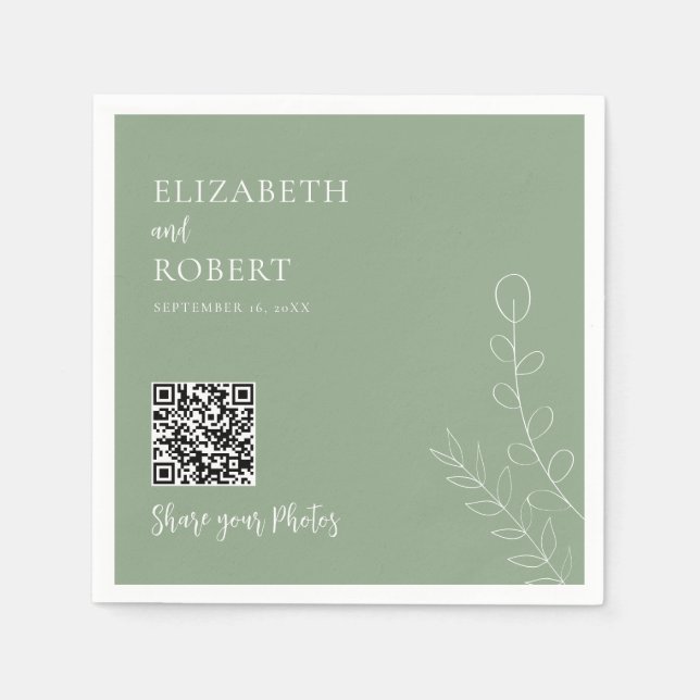 Grüne Hochzeit QR Teilen Sie Ihre Fotos Salbei Grü Serviette (Vorderseite)
