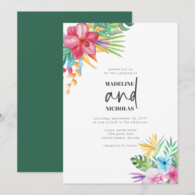 Grüne Hochzeit tropischer Blume Einladung (Vorne/Hinten)