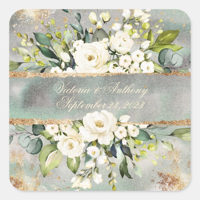 Grüne Hochzeit von weißem Gold, botanisch-blumenge Quadratischer Aufkleber (Vorderseite)