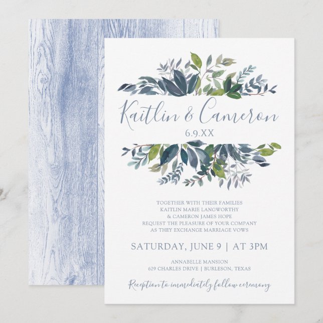 Grüne Hochzeiten - Dusty Blue & Green Einladung (Vorne/Hinten)