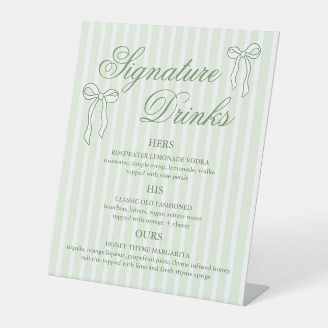 Grüne Hochzeitsignatur Drinks Cocktails Sockelschild (Vorderseite)