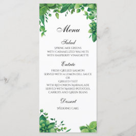 Grüne Hochzeitskarte draußen. Speisekarte Menükarte