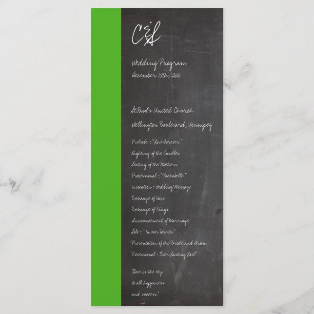 Grüne Hochzeitsprogramme im Chalkboard Programm (Vorderseite)