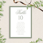 Grüne Hochzeitstabelle für formale klassische Seit Tischnummer<br><div class="desc">Die formale Classic Sage Green Wedding Seating Chart Tischnummer fügt Ihrem Empfang eine elegante Touch hinzu. Mit einem zeitlosen, schlängelgrünen Design mit klassischem Skript, hilft es den Gästen, ihre Sitzplätze stilvoll zu finden. Ideal für Hochzeiten im Frühling und im Sommer!</div>
