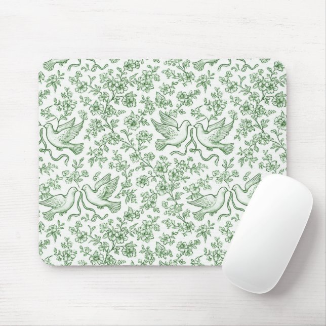 Grüne Hochzeitstauben mit Bändern und Blumen Mousepad (Mit Mouse)