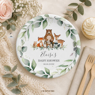 Grüne hübsche Waldtiere Baby Shower Neutral Pappteller