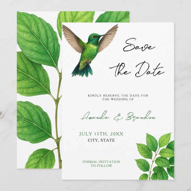 Grüne Hummingbird Leafy Botanische Hochzeit an der Save The Date (Vorne/Hinten)