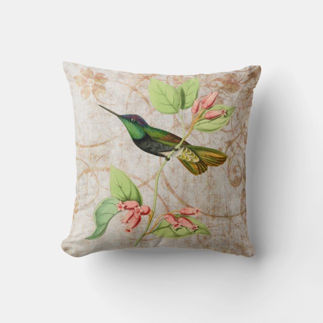 Grüne Hummingbird-Vintage Illustration Kissen (Vorderseite)