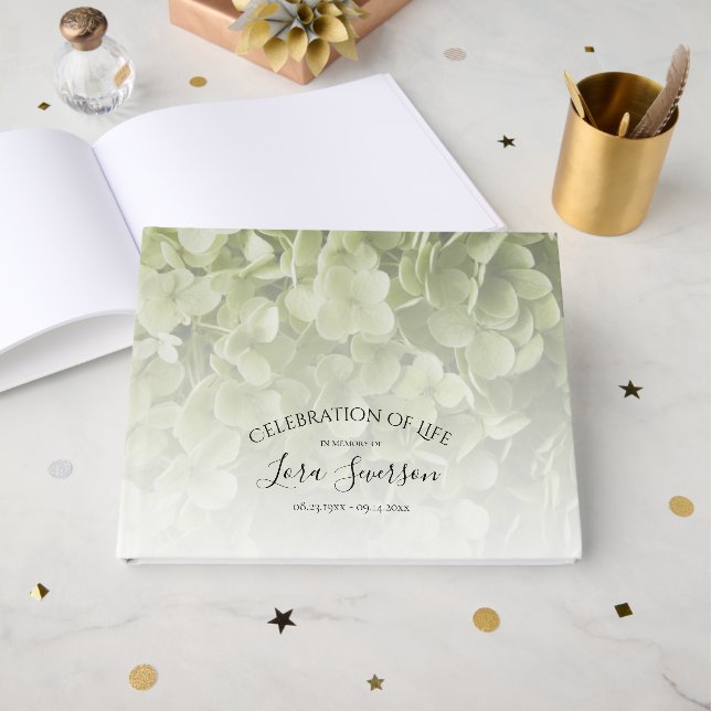 Grüne Hydrangea-Feier zum Gedenken an das Leben Gästebuch (Vorderseite Offen)