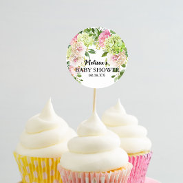 Grüne Hydrangea Rosa Blumensträuße Cupcake Toppers Runder Aufkleber