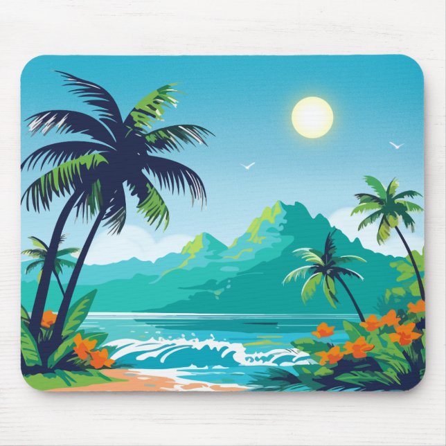 Grüne Illustrierte Tropeninsel Mousepad (Vorne)