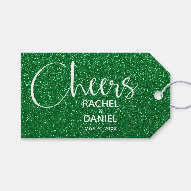 Grüne Imitate Glitzer Gastgeschenk Hochzeit Geschenkanhänger (Vorderseite (Horizontal))