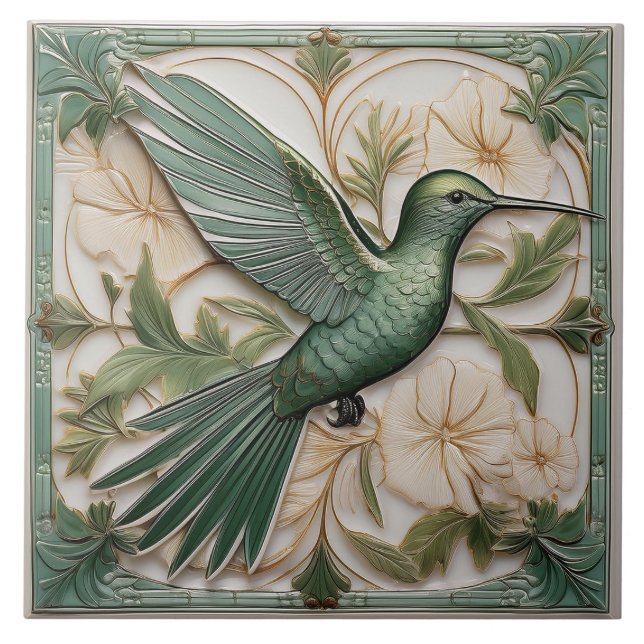 Grüne Imitate im Jugendstil Hummingbird R Fliese (Vorderseite)